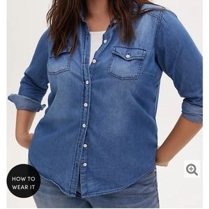 Medium wash denim button up shirt